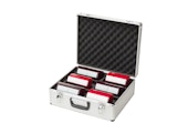 case with chess clocks inside in silver colour with black inside and handle