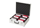 case in aluminium with chess clocks inside silver colour and black padding inside