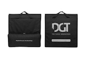 Two square black bags with DGT logo and top handle over white background