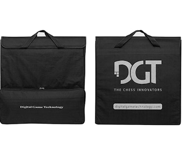 Two square black bags with DGT logo and top handle over white background