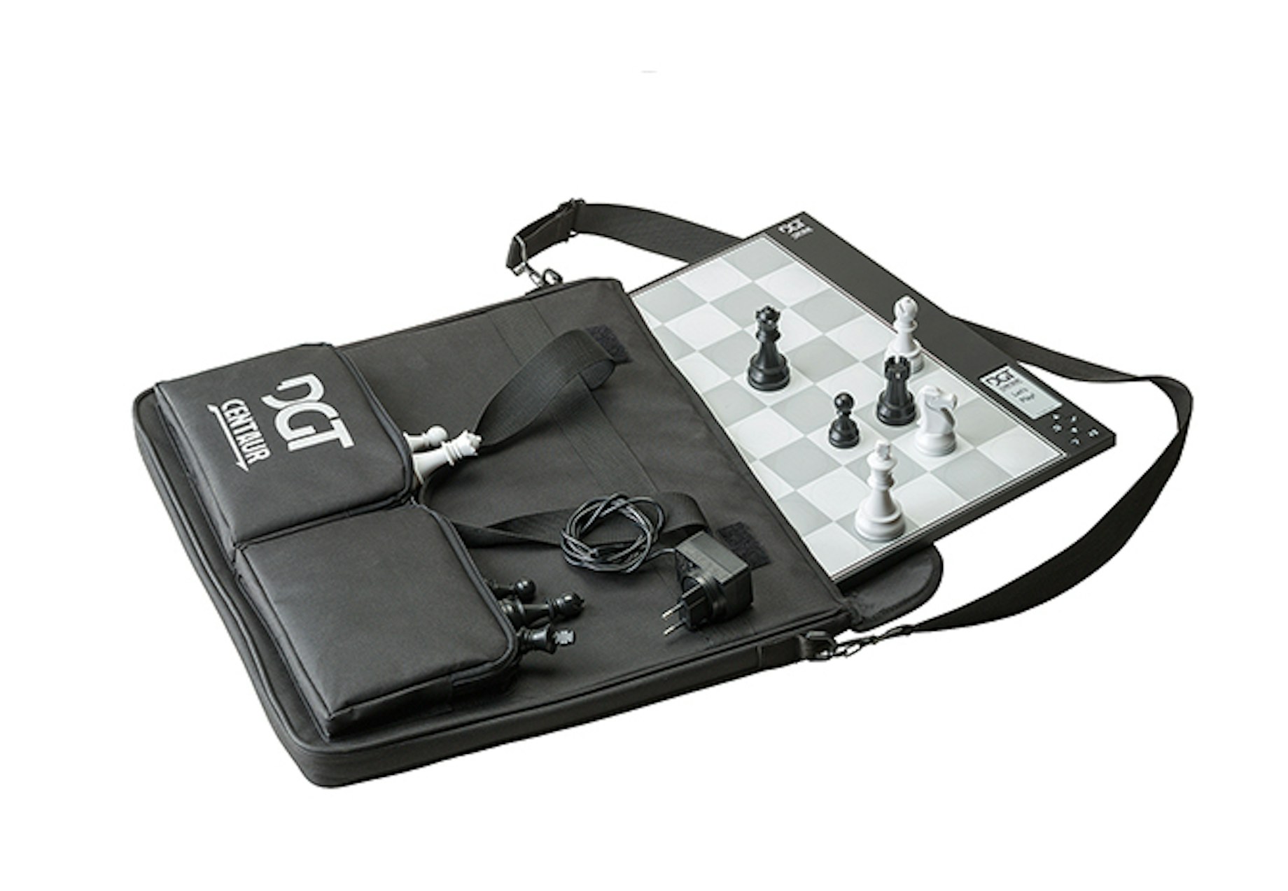 open black bag with chess board in black and white pockets and adaptor