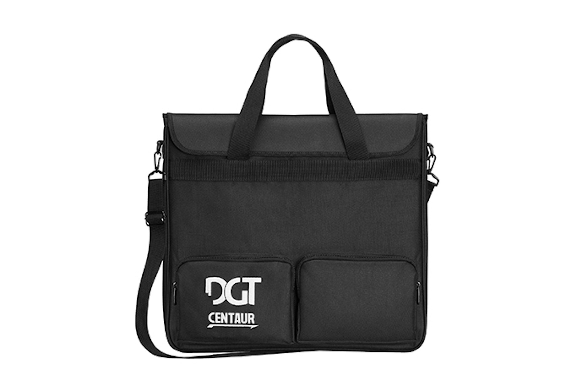 black bag with two front pockets and top handle