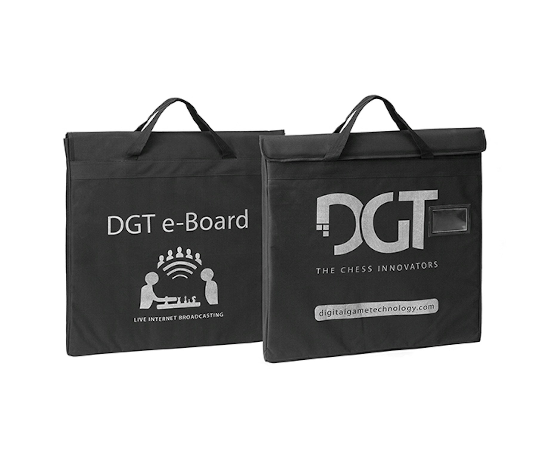 two square black bags with top handles dgt logo printed in white