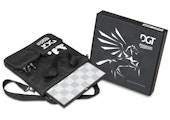 black chess board bag with pieces in black and white box
