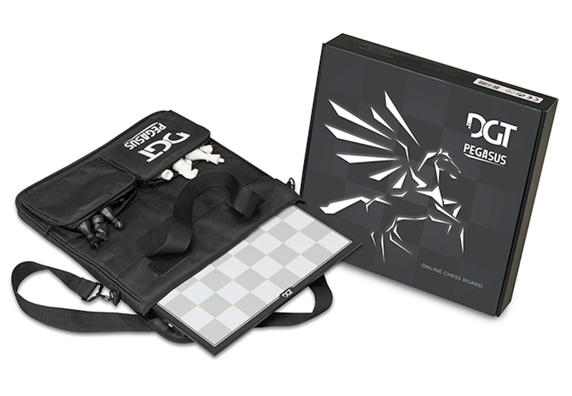black chess board bag with pieces in black and white box