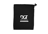 small drawstring bag in black with dgt logo over white background