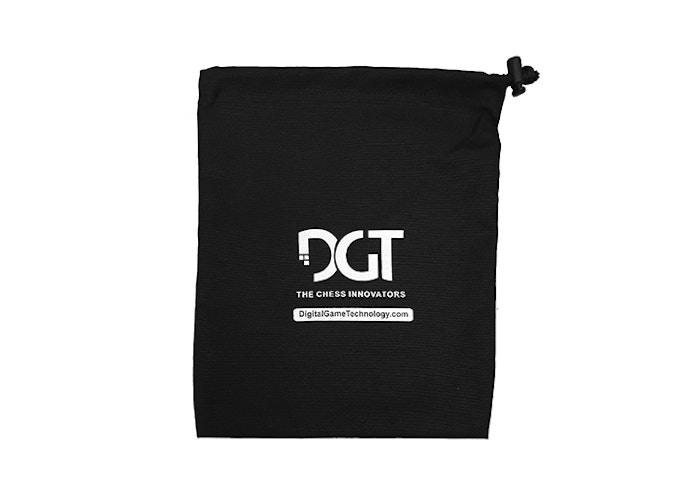 small drawstring bag in black with dgt logo over white background